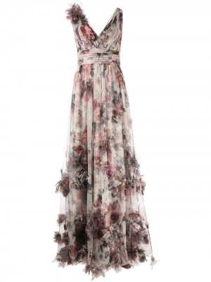 Вечернее платье из тюля с цветочной аппликацией Marchesa Notte. Цвет: разноцветный