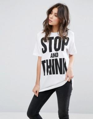 Длинная футболка с принтом Stop And Think YMC. Цвет: белый