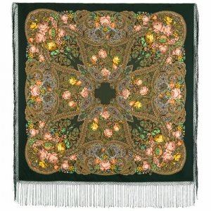 Платок ,148х148 см, коралловый, желтый Павловопосадская платочная мануфактура. Цвет: зеленый/зеленый-розовый