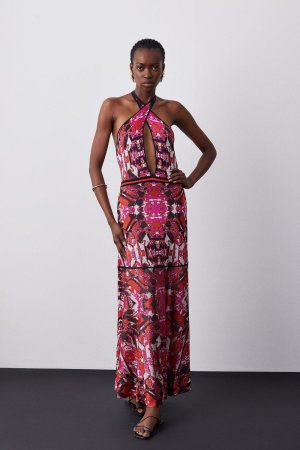Облегающее вязаное жаккардовое платье макси с геометрией , розовый Karen Millen