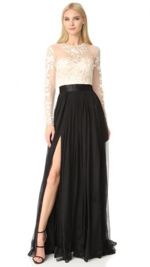 Кружевное вечернее платье с вышивкой Isha Catherine Deane. Цвет: кремовый/черный