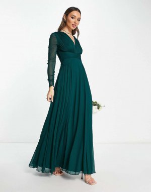 Темно-зеленое платье макси со сборками на талии, длинными рукавами и плиссированной юбкой Bridesmaid Asos