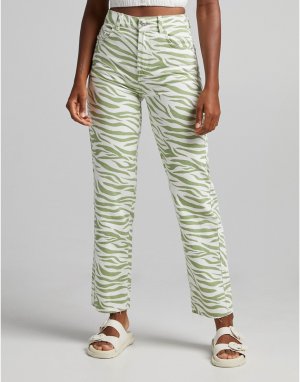 Прямые брюки с зебровым принтом зеленого цвета -Зеленый цвет Bershka