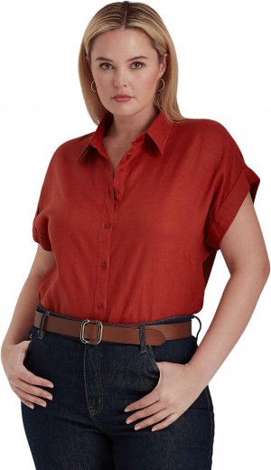 Льняная рубашка больших размеров с рукавами «летучая мышь» LAUREN Ralph Lauren, цвет Red Sunstone