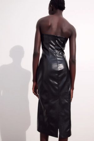 Платье-бандо из ткани с покрытием , черный H&M