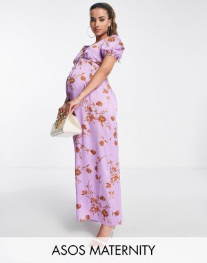 Сатиновый комбинезон с цветочным принтом и рукавами-фонариками DESIGN Maternity Asos