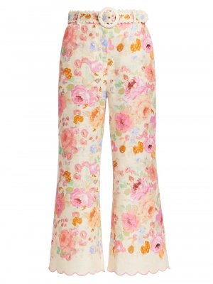 Укороченные расклешенные брюки Raie с цветочным принтом , розовый Zimmermann