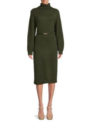 Платье-свитер с воротником-стойкой и поясом , цвет Olive Saks Fifth Avenue