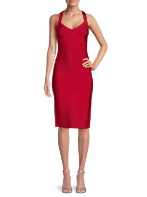 Платье миди с V-образным вырезом Herve Leger, цвет Lipstick Red Hervé Léger