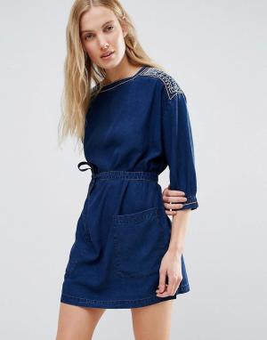 Джинсовое платье мини с вышивкой M.i.h Jeans MiH. Цвет: синий