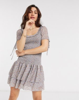 Платье мини с цветочным принтом и ярусной юбкой -Многоцветный Vila