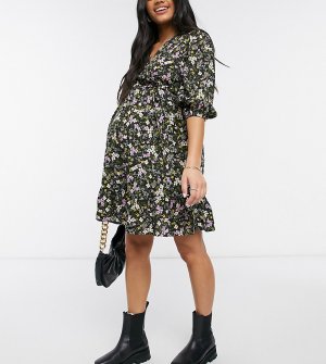 Черное платье мини с запахом и цветочным узором -Черный цвет New Look Maternity