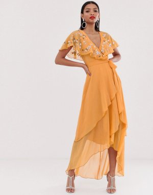 Платье макси с асимметричным подолом и кейпом -Оранжевый цвет ASOS DESIGN
