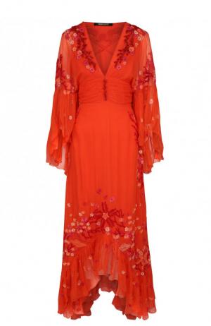 Приталенное шелковое платье асимметричного кроя Roberto Cavalli. Цвет: коралловый
