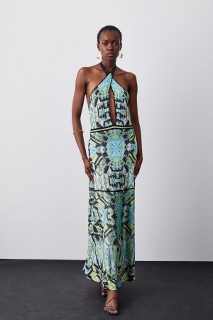 Облегающее вязаное жаккардовое платье макси с геометрией , синий Karen Millen