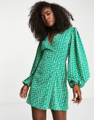 Гламурное зеленое платье мини с запахом и принтом тюльпанов Glamorous