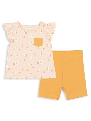 Двухкомпонентный топ с цветочным принтом для маленькой девочки и байкерские шорты , желтый Petit Lem