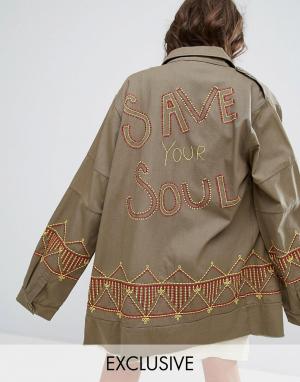 Oversize-куртка в стиле милитари с вышивкой Save Your Soul Sacred Hawk. Цвет: зеленый