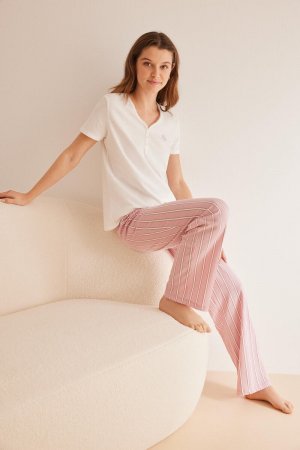 Длинная пижама с короткими рукавами в розовую полоску из 100 % хлопка. Women'secret, белый Women'Secret