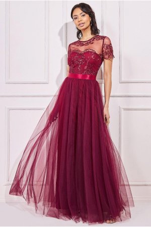 Сетчатое платье макси с вышивкой , красный Goddiva