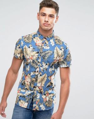 Гавайская рубашка с принтом пальм и короткими рукавами Blend. Цвет: синий