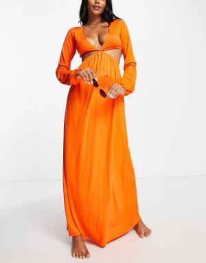 Оранжевое пляжное платье макси с длинными рукавами и вырезами ASOS DESIGN