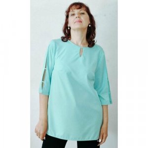 Блуза , классический стиль, свободный силуэт, укороченный рукав, разрез, однотонная, размер 62, бирюзовый AVIGAL. Цвет: бирюзовый/голубой