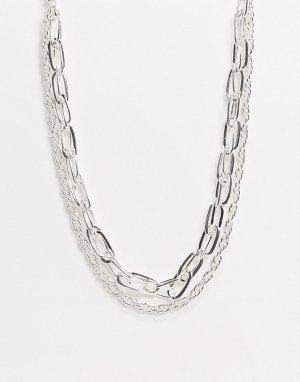 Массивное серебристое ожерелье-цепочка в несколько рядов -Серебряный Pieces
