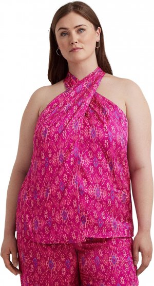 Блузка с бретелькой на шее из шантунга больших размеров геопринтом LAUREN Ralph Lauren, цвет Fuchsia Multi