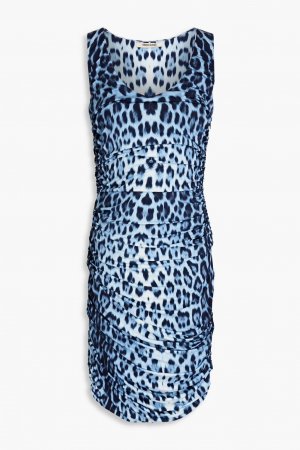 Платье мини из эластичного джерси с леопардовым принтом и сборками , светло-синий Roberto Cavalli