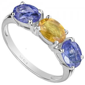 Серебряное кольцо с натуральными камнями сапфир (желтый) и танзанит - размер 22,5 LAZURIT-ONLINE. Цвет: синий