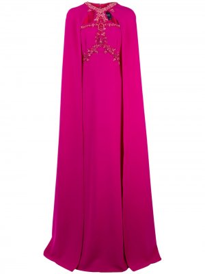 Вечернее платье с кейпом и вышивкой бисером Marchesa Notte. Цвет: розовый