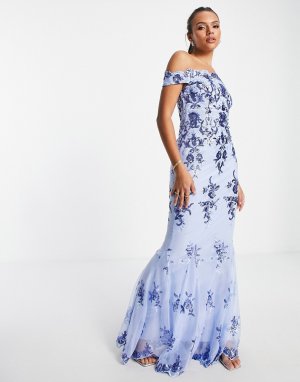 Платье макси пудрового голубого цвета с открытыми плечами, вышивкой и юбкой-годе -Голубой Goddiva