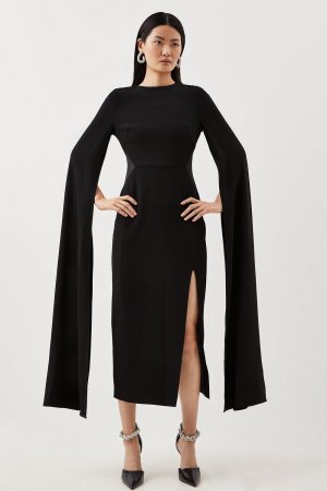 Компактное платье миди с сетчатыми вставками и накидкой из эластичной вискозы , черный Karen Millen