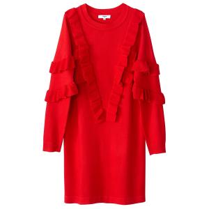 Платье-пуловер короткое с воланами и длинными рукавами SUNCOO. Цвет: красный