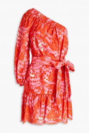Платье мини из английской вышивки на одно плечо с принтом Ml Monique Lhuillier, оранжевый Lhuillier