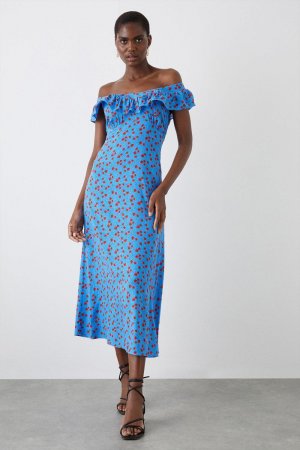 Синее клубничное платье миди с рюшами и бардо , синий Dorothy Perkins
