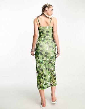 Зеленое сетчатое платье макси с цветочным принтом Noisy May