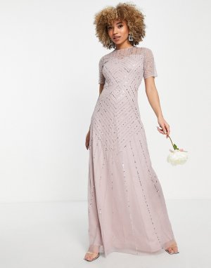 Платье макси приглушенного лилового цвета с короткими рукавами и декоративной отделкой Bridesmaid-Фиолетовый цвет Frock and Frill