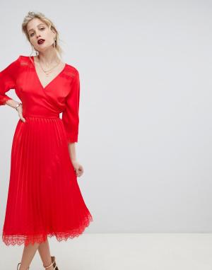 Платье миди с кружевом и плиссированной юбкой -Красный Liquorish