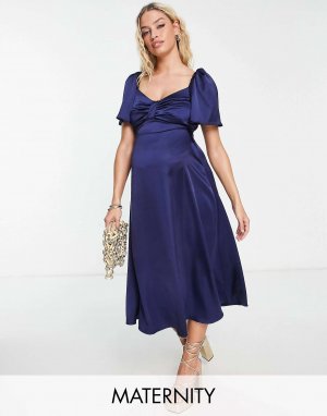 Темно-синее атласное платье миди с развевающимися рукавами и воланами London Maternity Flounce