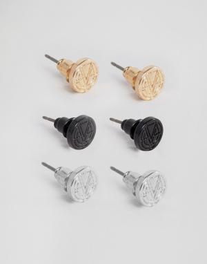 Набор из 3 пар сережек-гвоздиков с логотипом Chained & Able. Цвет: мульти