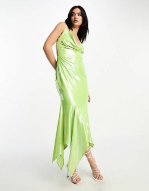 Зеленое переливающееся платье миди с воротником-хомутом Annorlunda