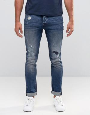 Стретчевые джинсы скинни с рваной отделкой и заплатками Only & Sons. Цвет: синий