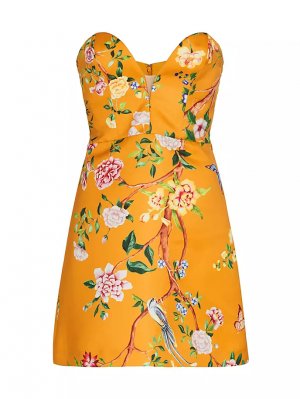 Атласное мини-платье без бретелек Duchesse с цветочным принтом , золотой Marchesa Notte