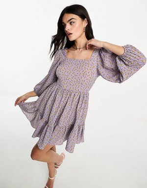 Гламурное ярусное свободное платье мини с квадратным вырезом клубничного цвета Glamorous