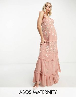 Розовое платье макси на бретельках с вышивкой ASOS DESIGN Maternity Bridesmaid
