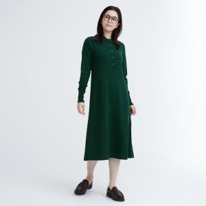 Женское платье с воротником-поло, темно-оливковый Uniqlo