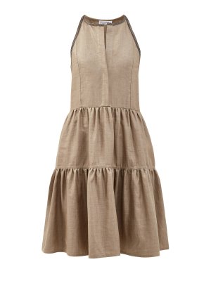 Льняное платье-миди с ювелирной вышивкой Мониль BRUNELLO CUCINELLI. Цвет: коричневый