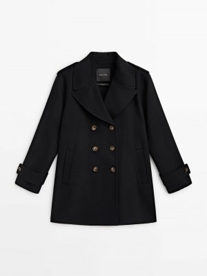 Черное пальто длиной 3/4 из смесовой шерсти, черный Massimo Dutti